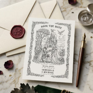 Zwart Witte Ridder Bruid Kasteel Gotische Bruiloft Save The Date