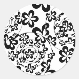 Zwart-witte ringen en bloemen ronde sticker