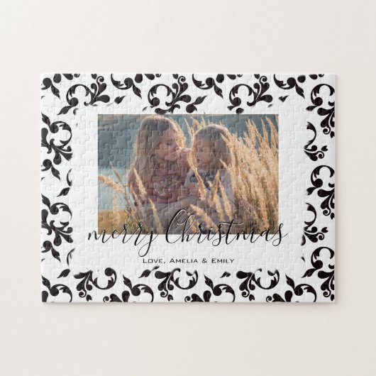 Zwart Witte Rococo Zalig Kerst Script Foto Legpuzzel (Horizontaal)