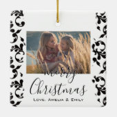 Zwart Witte Rococo Zalig Kerstmis Script Foto Keramisch Ornament (Achterkant)