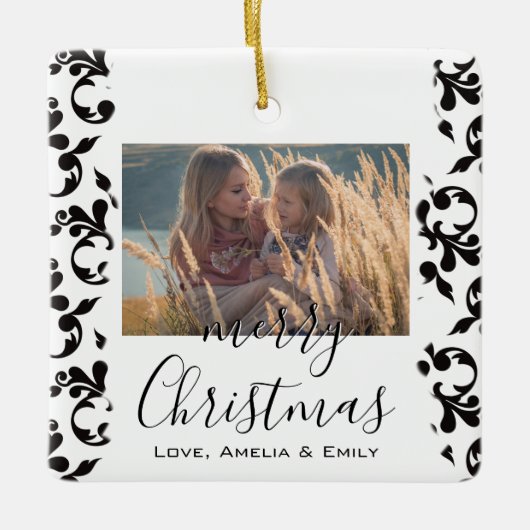 Zwart Witte Rococo Zalig Kerstmis Script Foto Keramisch Ornament (Voorkant)