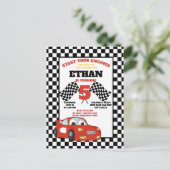 Zwart-witte rode racecaire kinderdag briefkaart (Staand voorkant)