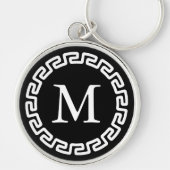 Zwart-witte ronde Griekse hoofdgrens monogrammen Sleutelhanger (Voorkant)