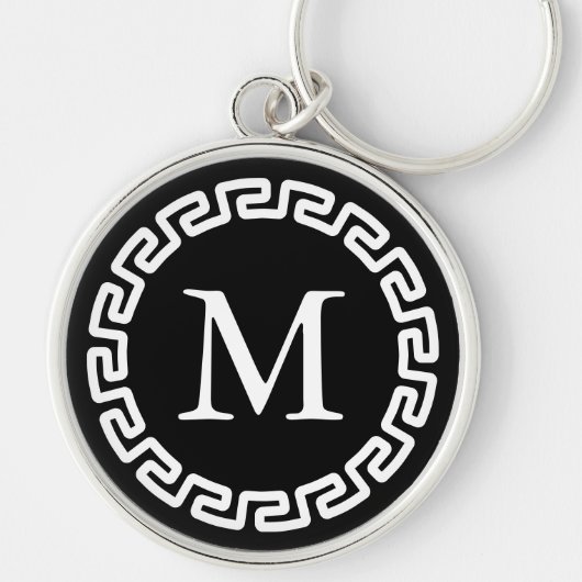 Zwart-witte ronde Griekse hoofdgrens monogrammen Sleutelhanger (Voorkant)