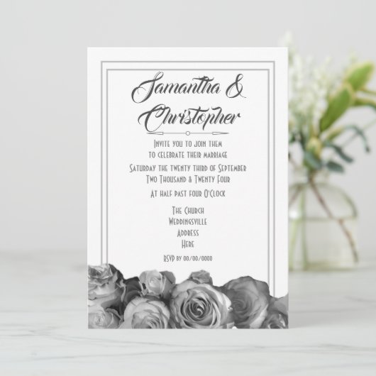 Zwart-witte roodbruine bruiloft kaart (Staand voorkant)