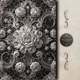 Zwart Witte Roos Damast Decoupage Tissuepapier