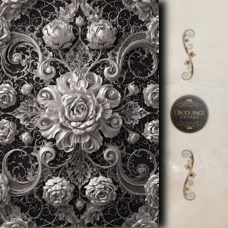 Zwart Witte Roos Damast Decoupage Tissuepapier