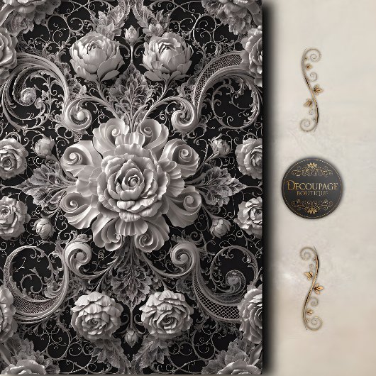 Zwart Witte Roos Damast Decoupage Tissuepapier