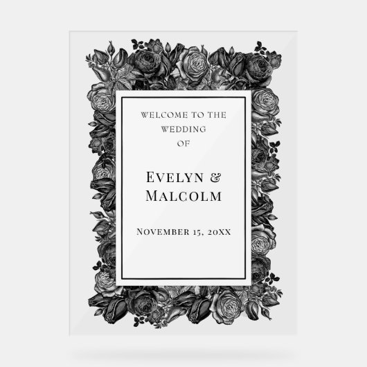 Zwart-witte roses Gothic Wedding Acryl Bord (Voorkant)