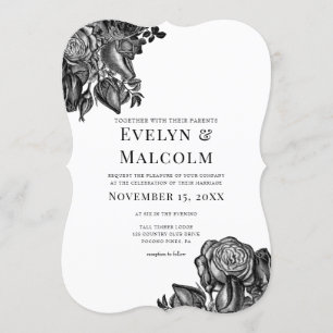 Zwart-witte roses Gothic Wedding Kaart