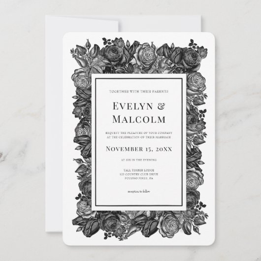 Zwart-witte roses Gothic Wedding Kaart (Voorkant)