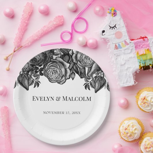 Zwart-witte roses Gothic Wedding Papieren Bordje (Feest)