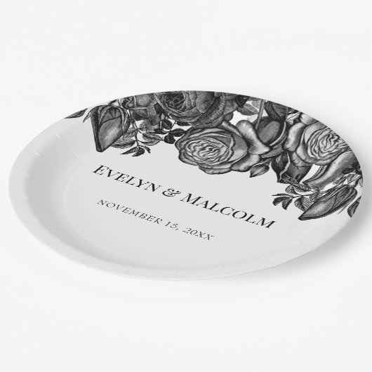 Zwart-witte roses Gothic Wedding Papieren Bordje (Gekanteld)