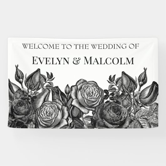 Zwart-witte roses Gothic Wedding Spandoek (Horizontaal)