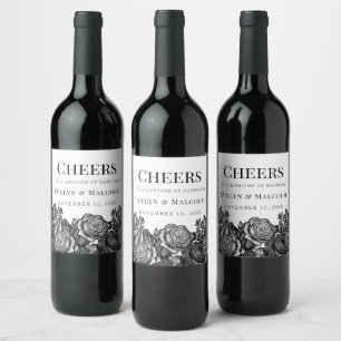 Zwart-witte roses Gothic Wedding Wijn Etiket