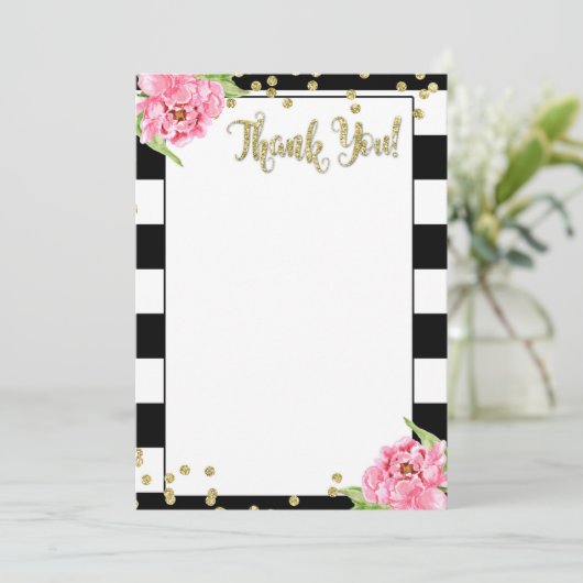 Zwart-witte roze pioenroos bedankkaart kaart (Staand voorkant)