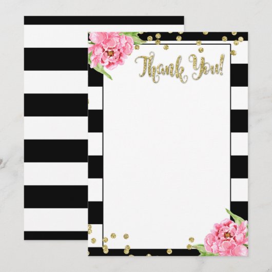 Zwart-witte roze pioenroos bedankkaart kaart (Voorkant / Achterkant)
