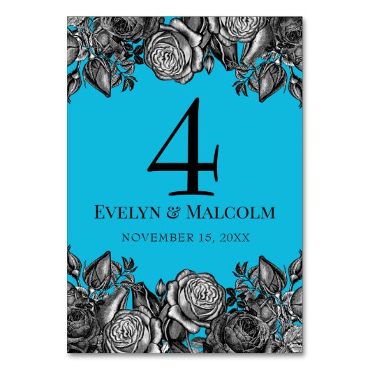 Zwart-witte rozen Elektrisch Blauwhuwelijk Kaart (Voorkant)