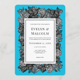 Zwart-witte rozen Elektrisch Blauwhuwelijk Kaart