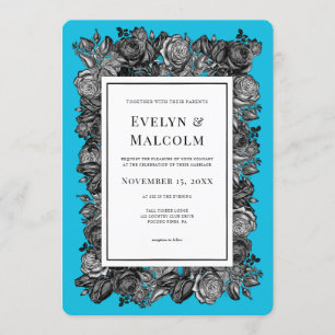 Zwart-witte rozen Elektrisch Blauwhuwelijk Kaart