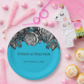 Zwart-witte rozen Elektrisch Blauwhuwelijk Papieren Bordje (Feest)