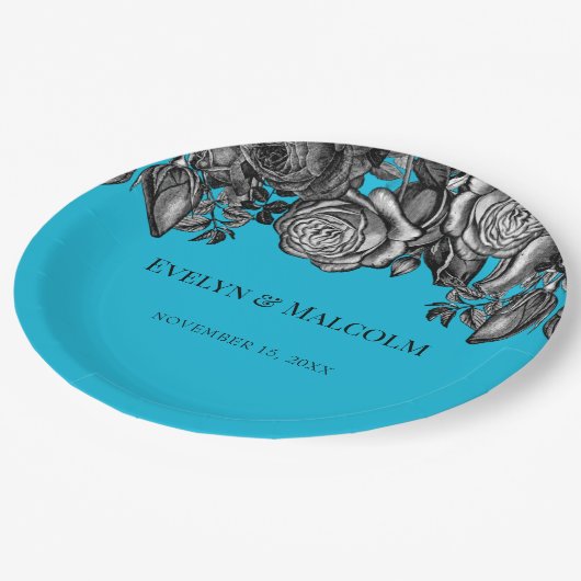 Zwart-witte rozen Elektrisch Blauwhuwelijk Papieren Bordje (Gekanteld)