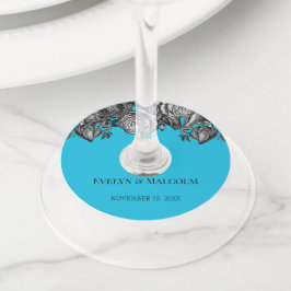 Zwart-witte rozen Elektrisch Blauwhuwelijk Wijnglaslabel