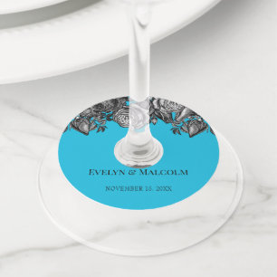 Zwart-witte rozen Elektrisch Blauwhuwelijk Wijnglaslabel