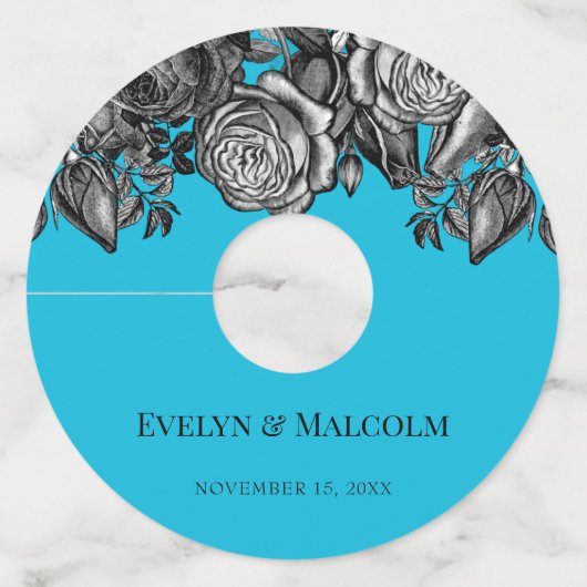 Zwart-witte rozen Elektrisch Blauwhuwelijk Wijnglaslabel (Voorkant)