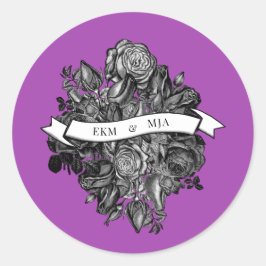 Zwart-witte rozen Elektrisch Paars huwelijk Ronde Sticker