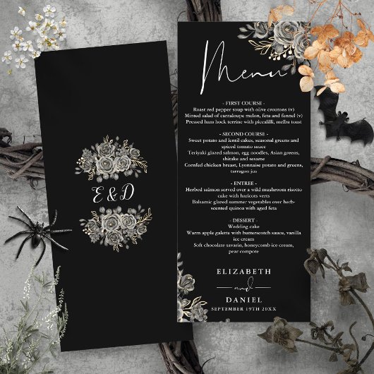 Zwart-witte rozen Floral Gothic bruiloft diner Menu