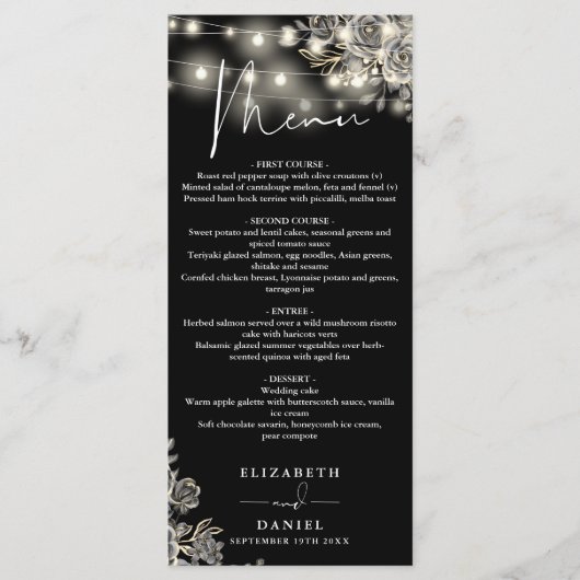 Zwart-Witte Rozen Lichtjes Gotische Trouwdinermenu Menu (Voorkant)