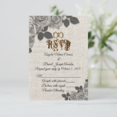 Zwart-witte rozen op linnen bruiloft RSVP Kaart (Staand voorkant)
