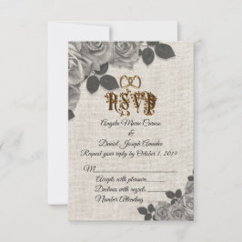Zwart-witte rozen op linnen huwelijks-RSVP Kaart