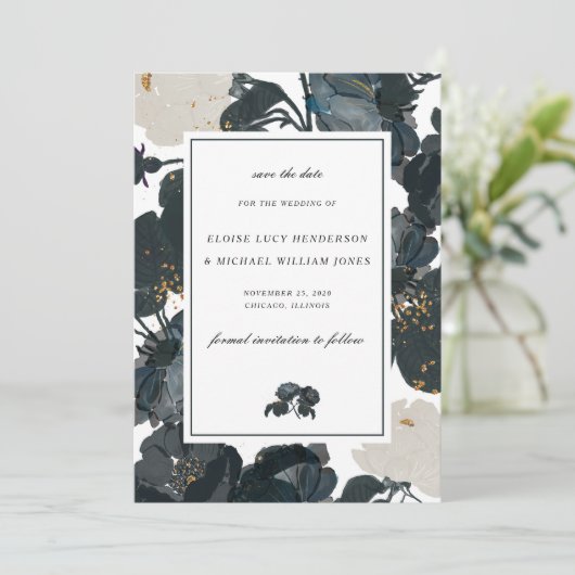 Zwart-witte rozen Sla de datum op Save The Date (Staand voorkant)