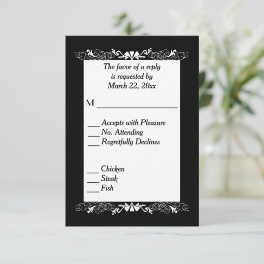 Zwart-witte RSVP met menukeuze Kaartje (Staand voorkant)