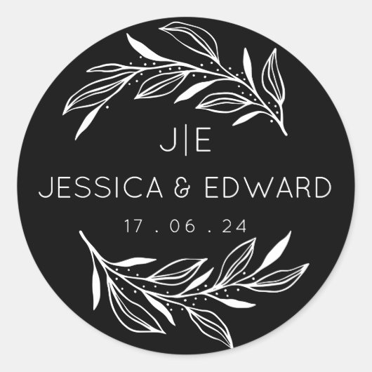 Zwart Witte Rustieke Chic Koppel Initialen Elegant Ronde Sticker (Voorkant)