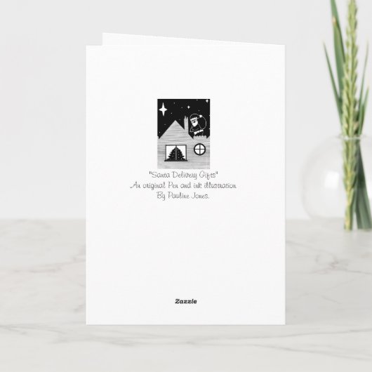 zwart-witte santa met zak op dakKerstmis Feestdagen Kaart (Achterkant)