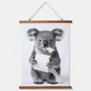Zwart Witte Schattige Koala met Toiletpapier Hangend Wandkleed