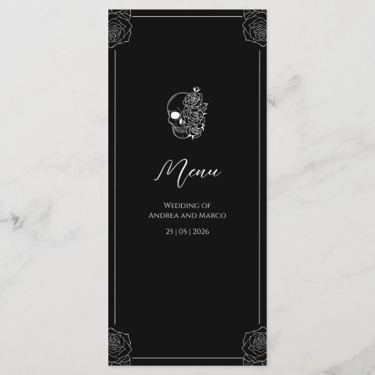 Zwart-witte schedel Gotische bruiloft Menu (Achterkant)