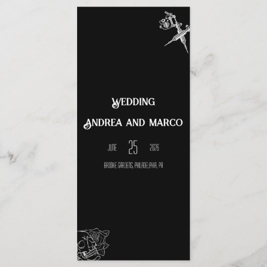 Zwart-witte schedel Tattoo bruiloft Menu (Achterkant)