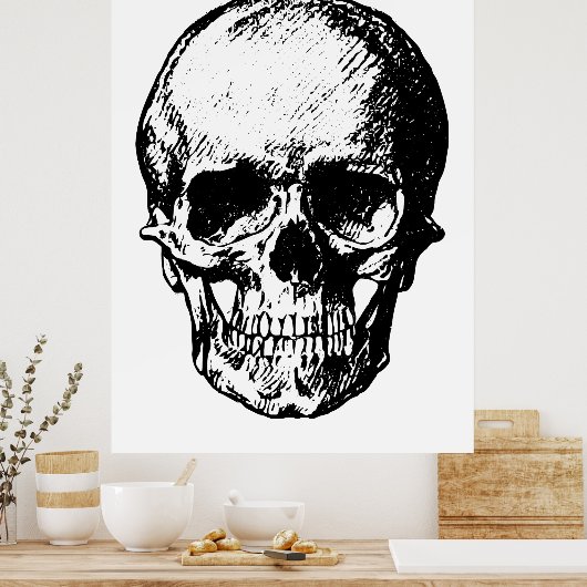 Zwart-witte  schedelillustratie poster (Keuken)