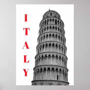 Zwart Witte Scheve Toren van Pisa Italië Poster