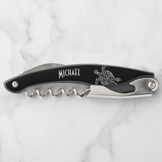 Zwart-witte schildpad monogram kustlijn kurkentrekker (Achterkant)