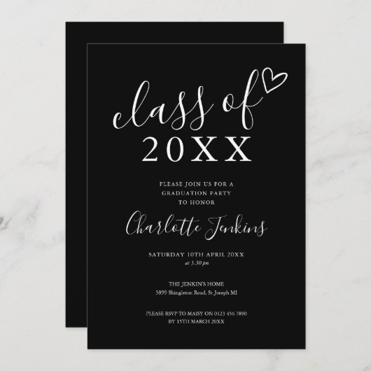Zwart Witte Script Klas Hart Afstudeerfeest Kaart (Voorkant / Achterkant)