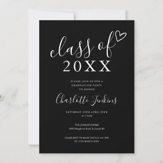 Zwart Witte Script Klasse Hart Afsluitingsfeest Kaart (Voorkant)