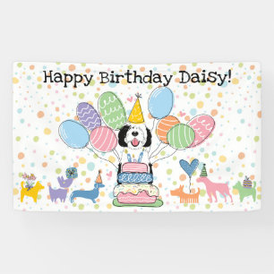 Zwart & Witte Sheepadoodle Hond Verjaardagsfeestje Spandoek