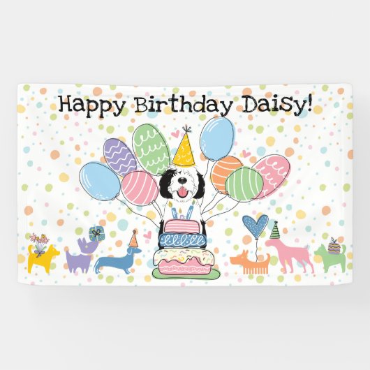 Zwart & Witte Sheepadoodle Hond Verjaardagsfeestje Spandoek (Horizontaal)