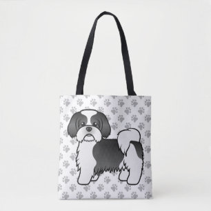 Zwart-Witte Shih Tzu Schattige Cartoonhond & Pootj Tote Bag