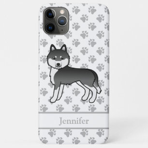 Zwart-witte Siberische Husky Cartoonhond & Naam Case-Mate iPhone Case